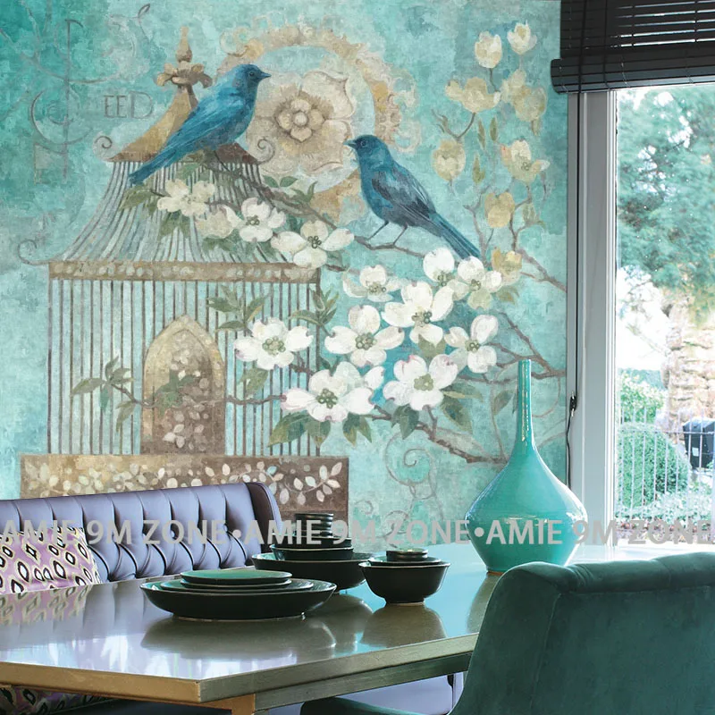 Cutom vintage 3D cor azul-turquesa flores e pássaros mural na parede de atacado para a casa de parede decoração de parede frete grátis