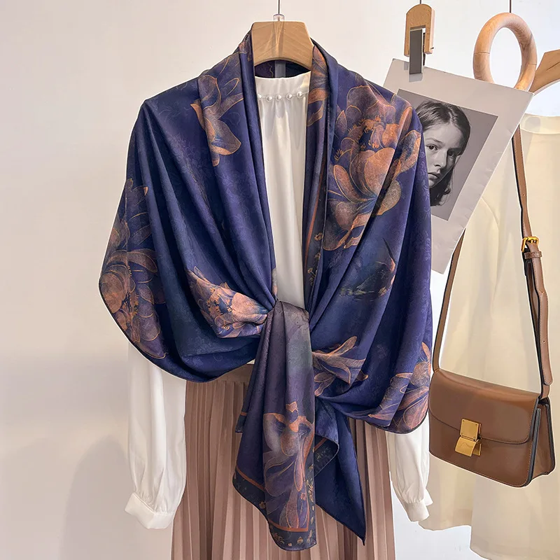 Luxo Longo Lenço de Seda para as Mulheres Duplo Design-Impressão do lado do Hijab Floral Xale Envolve Bandana Femele Cabeça Mole Echarpe Foulard
