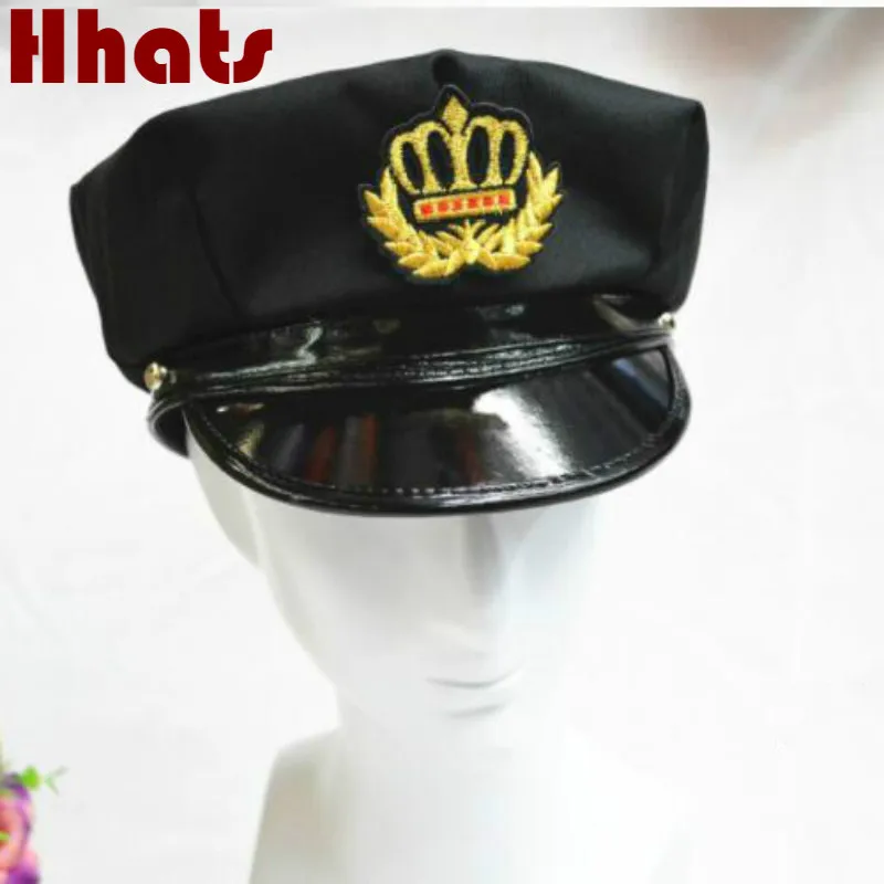mulheres homens pretos de retalhos de algodão PU emblema do cap militar vintage polícia chapéu ajustável chapéu de marinheiro retro emblema pintor cap bonnet