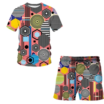 2021 Homens Casual Conjunto de Moda 2 Peças Terno padrão Geométrico de Manga Curta T-shirt Conjuntos de Shorts Masculinos de roupas Esportivas de Treino Sportsuit