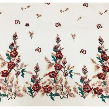 5yards 3D flores de lantejoulas com miçangas em bege malha bordado laço de tecido Africano francês de Casamento do Laço Vestido de Noiva Vestido de tecido 1