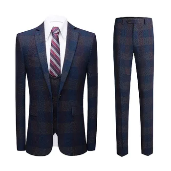 Homens de Terno Xadrez Azul e Cinza Homens de Smoking 2021 Slim Homens de Negócios de Smoking, Vestido de Casamento de Homens Clássico Terno Formal Jaqueta Calças Colete