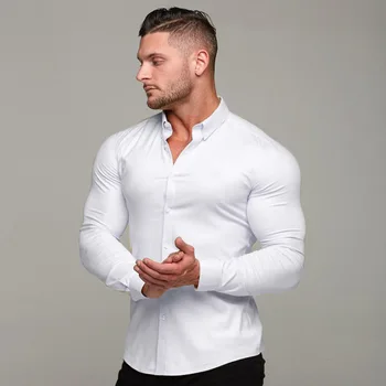Homens musculosos de fitness manga longa stand colarinho de camisa elástico fino de cor sólida esporte casual casaquinho de negócios, não de camisa de ferro fashi