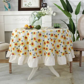Moda pequena Europeu fresco babados impresso toalha de mesa de algodão e linho lavável fácil de cuidados mesa redonda toalha de mesa atacado 0