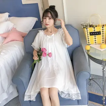 Novo Manga Curta Tribunal De Renda Nightdress Mulheres De Verão Coreano Doce Princesa Rendas Estilo Camisola Sexy Vestido De Pijamas, Pijamas