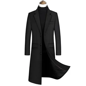 Outono Inverno sobre o joelho longo de moda masculina slim casaco de lã de negócios cavalheiro Único Breasted Casaco Masculino Trench Coat Casaco
