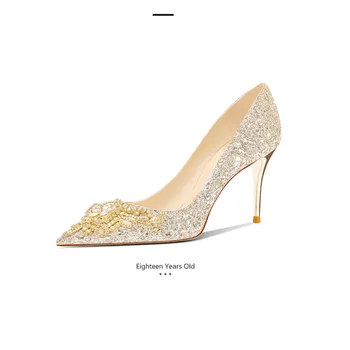 Primavera lantejoulas pontas de ouro stiletto salto alto de cristal de noiva de casamento sapatos de banquete, o vestido de todos-jogo custom-made sapatos femininos
