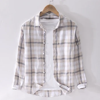 Suehaiwe o estilo de Itália marca de camisa de linho homens verão plaid shirts para os homens casual, confortável camisa de mens camisas de manga comprida masculina 0