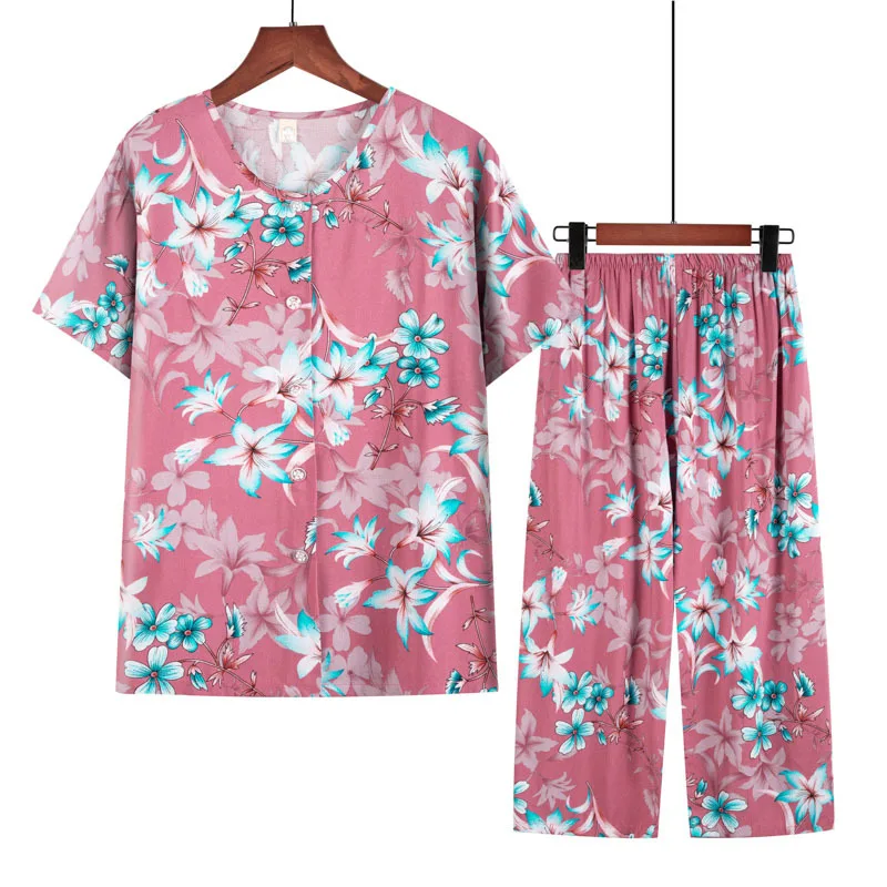 2022 Feminino de Verão Homewear de meia Idade, Idosos Tamanho Grande Pijama Terno XL-5XL Mulheres Solta 2PCS Pijamas de Impressão Casual, roupa de Dormir 0