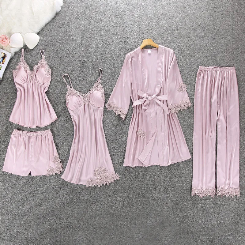 2020 5 Peças de Cetim de roupa de dormir de Pijama Mulheres Pijama de Seda, Casa de Desgaste Casa de Vestuário, Sala de Pijama com Almofadas de Peito 0