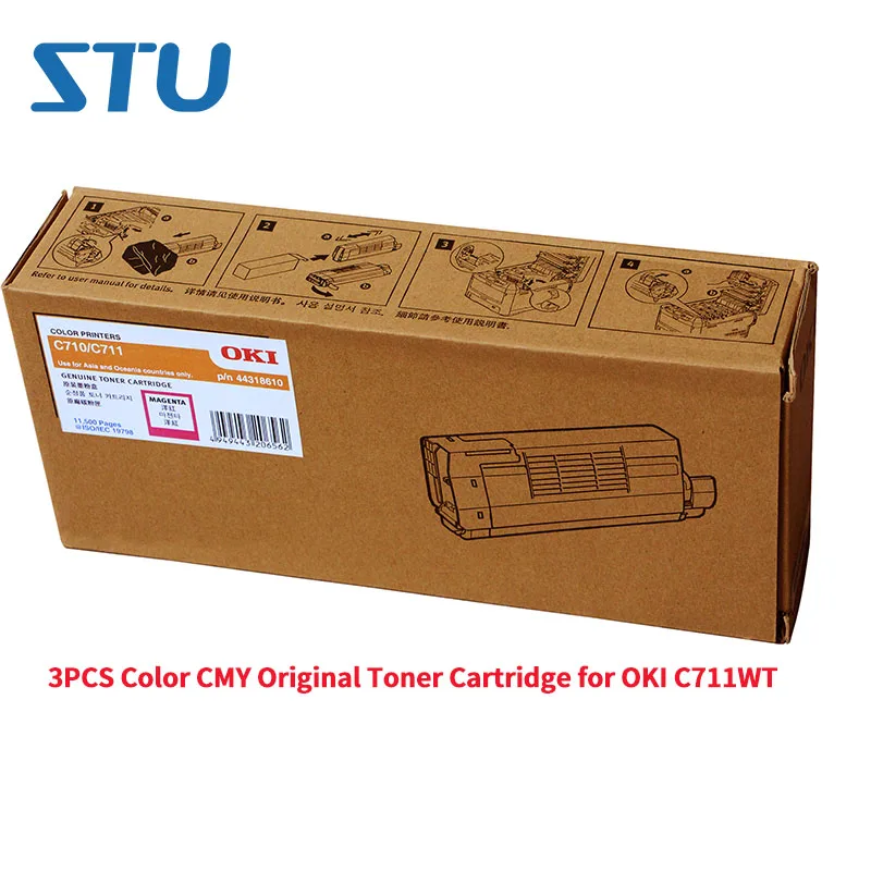 3PCS Cor CMY 1100Pages/CMY (formato A4 com 5% de Cobertura) Cartucho de Toner Original para OKI C711WT