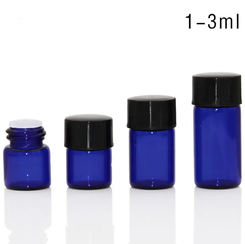 500pcs/monte Mini 1ml/2ml/3ml de Vidro azul do Óleo Essencial de Garrafa de Orifício Redutor & boné azul Frascos de Vidro