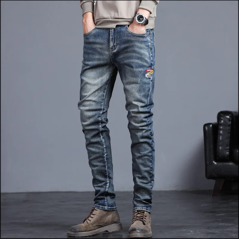 2022 Nova Primavera, Outono Homens de Jeans Vintage azul cor Sólida Elástico Clássico Jeans Homens Magros Moda Calça de algodão Masculino